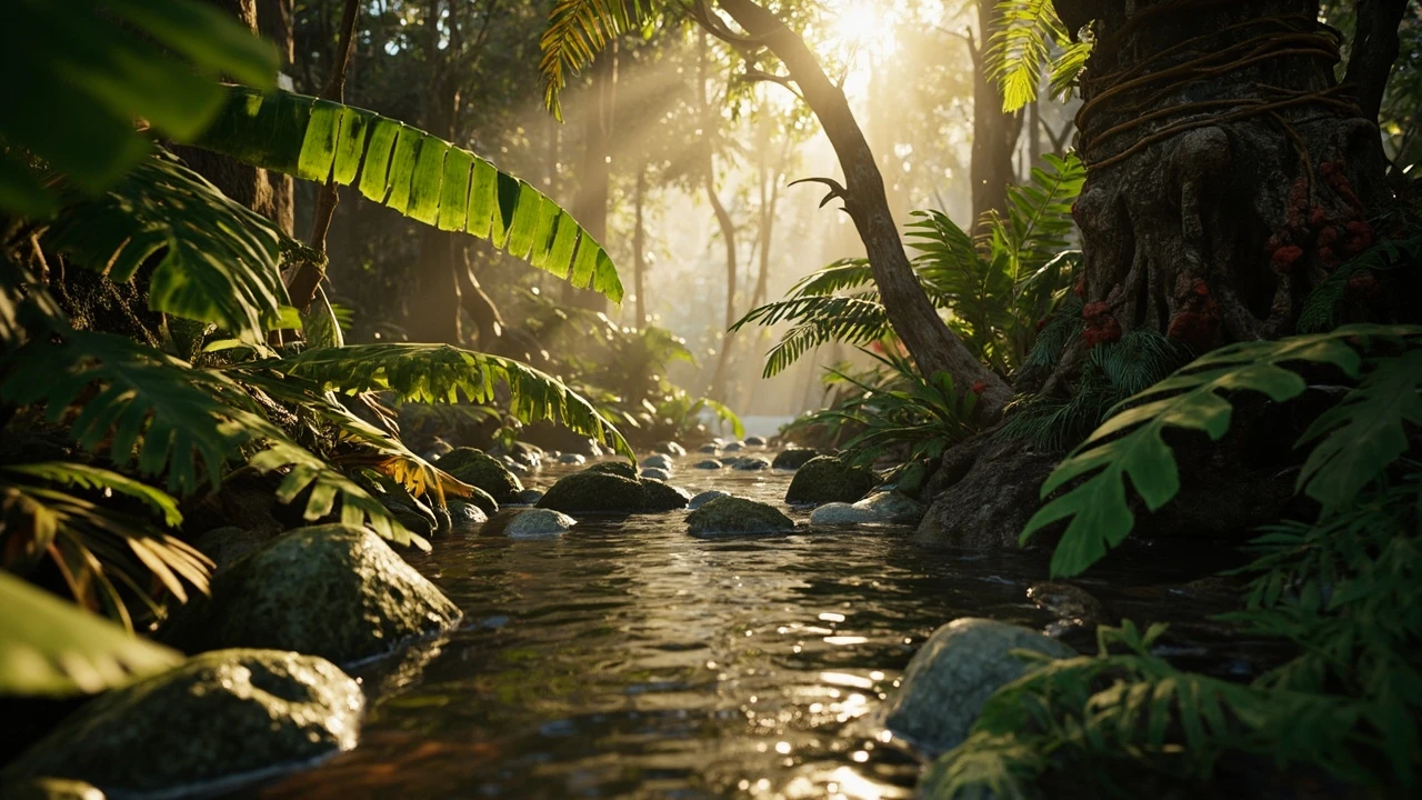 Tropical plants grow a garden environment in a game engine editor view